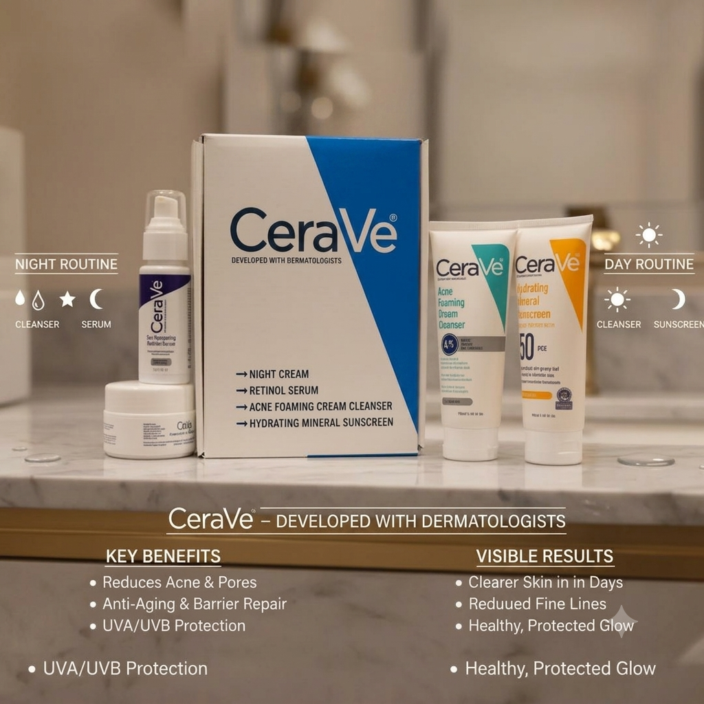 CeraVe 4-in-1 Complete Skincare Bundle – Cleanser, Sunscreen, Night Cream & Serum